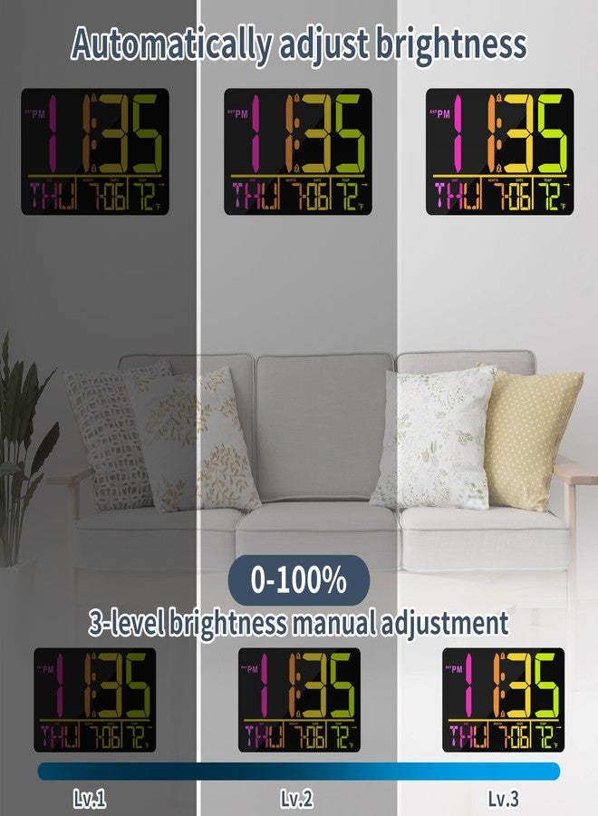 PERSUPER 13" Large Digital Wall Clock with Remote, RGB Color Changing, 25 Ringtones, 0-100% Auto/Custom Brightness, Temperature, Calendar, 12/24H, DST, Timer, for Living Room/Bedroom/Office/Elderly - Image 3